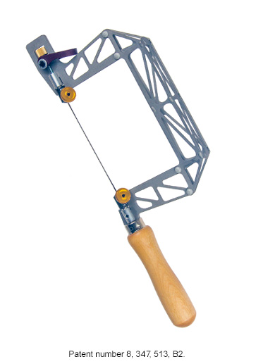 3-inch Titanium Birdcage Fret Saw with Lever Tension. Patent number 8, 347, 513, B2.